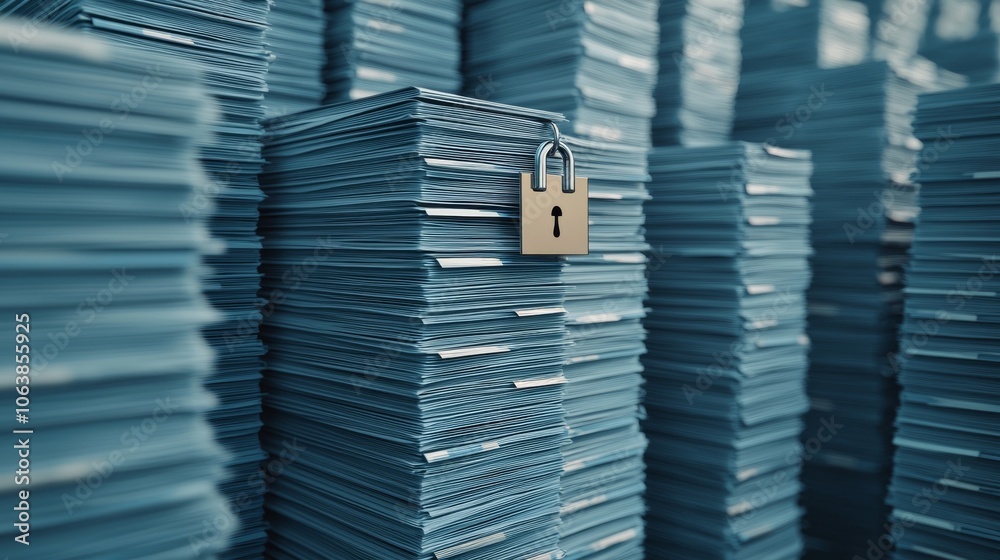 Poster stacks of secured documents with a padlock symbolizing data security and privacy.