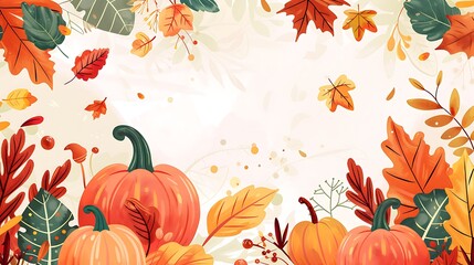 A vibrant hand-drawn Thanksgiving background featuring traditional autumn leaves, pumpkins, and harvest elements, rendered in soft, warm colors for a festive and cozy atmosphere.