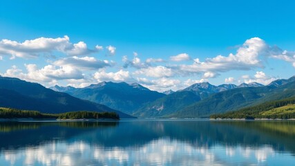 A serene lake reflecting the surrounding mountains in its calm waters, water, calm