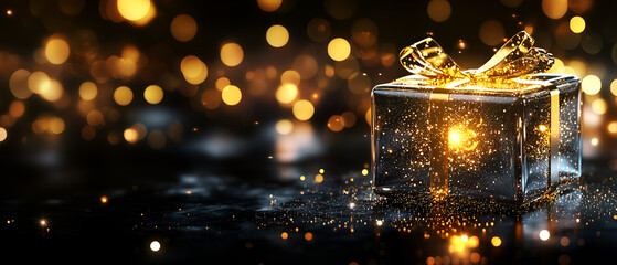 Obraz premium glossy, glamorous sparkly festive gift box isolated over ultra energetic, rich black background with bokeh effect; concept of a dream treasure, a perfect luxury gift; copy space
