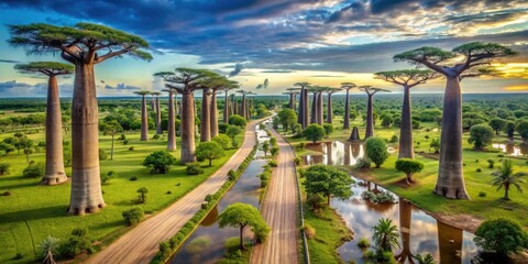 Aerial View of Baobab Avenue in Morondava, Madagascar - Majestic Trees, Scenic Landscape, Cultural Heritage, Vibrant Community, Nature's Beauty, Travel Destination, Unique Ecosystem