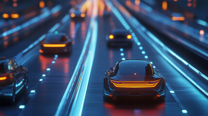 Autonomous vehicles on smart highways illuminated by neon lights create futuristic scene. sleek designs and vibrant colors enhance modern atmosphere