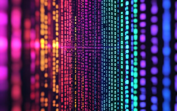 Vibrant abstract digital binary code in shades of blue, pink, and purple for tech-themed designs.