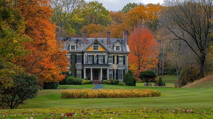 A stately mansion is set against a backdrop of vibrant fall foliage. The house features classic architecture with multiple windows adorned in deep green shutters, a broad front porch, and a symmetrica