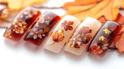 Five square shaped nail designs with flower and leaf patterns in brown and gold colors with a blurred orange leaf in the background.