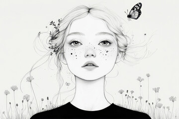 A Girl With Freckles and Flowers in Her Hair Gazes Serenely at a Butterfly in the Field