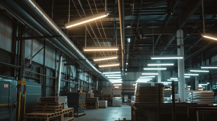 An expansive industrial warehouse is brightly lit by linear lights, with stacks of pallets and crates ready for distribution, portraying efficiency.