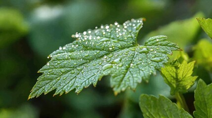 Close-up of a green leaf with water droplets.