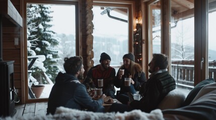 Friends gather cozily in a wooden lodge, enjoying warm mugs by a snowy window, encompassing the warmth of companionship during winter.
