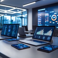Advanced Technology-Driven Workspace with Real-Time Data Visualization and Interactive Business Dashboards