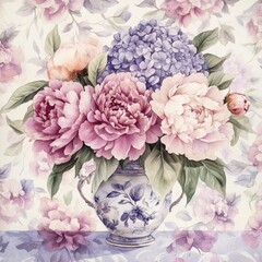 Romantic Watercolor Bouquet - Peony and Hydrangea Flowers - Vintage Floral Pattern for Textile and Wallpaper