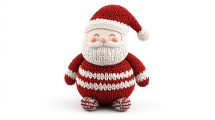 A cheerful, red and white knitted Santa Claus toy with a white beard and a red hat, smiling and sitting on a white background.