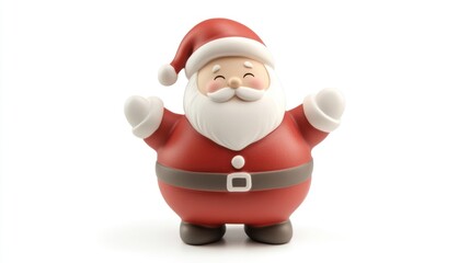 A cheerful Santa Claus in a red suit with a white beard and a hat smiles with his arms outstretched in a festive pose against a white background.