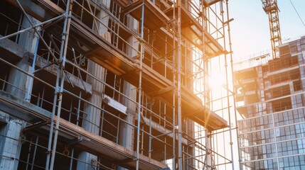 Fototapeta premium A sunlit construction site with cranes and scaffolding, casting long shadows on the urban project, speaks of the dawn of modern development.