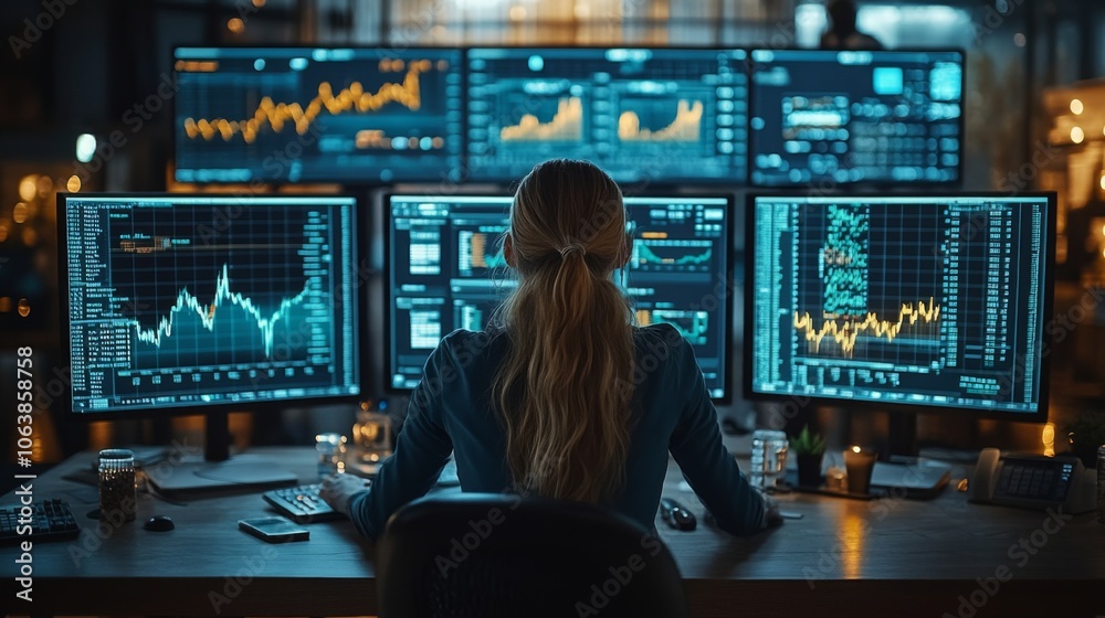 Poster A focused analyst studies financial data on multiple screens, analyzing stock market trends and performance metrics late in the evening.