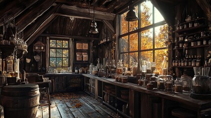 Fototapeta premium The image showcases a rustic interior of a laboratory or workshop, infused with a warm and inviting atmosphere. Sunlight streams through large windows, casting intricate shadows and illuminating the w