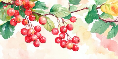 Watercolor Hawthorn Berry Harvest with Vibrant Leaves. Organic Fresh Fruit Illustration on White Background