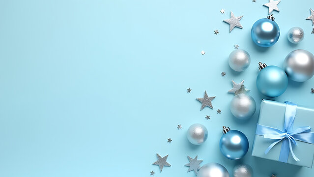 A modern Christmas banner displays silver and blue ornaments along with a gift box against a light blue colored backdrop