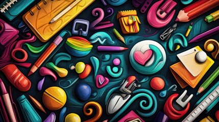 A colorful pattern of school supplies and objects like pencils, paintbrushes, hearts, and paper clips on a dark background.