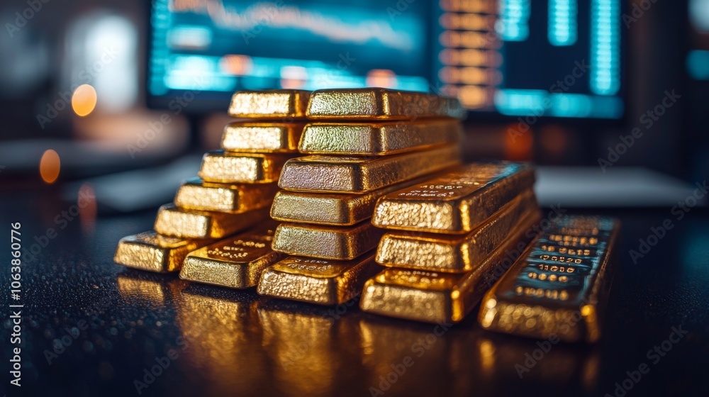 Aufkleber Brilliant gold bars are stacked meticulously in a dimly lit space. Behind them, monitors display rising financial charts, emphasizing a focus on investment strategies.