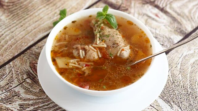 hot cooked chicken and noodle soup in a plate on a wooden table