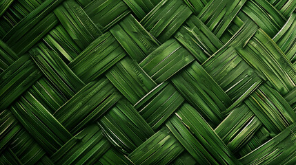 Woven green leaves creating a textured surface in a natural pattern, showcasing intricate craftsmanship and organic materials