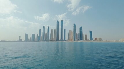 Illustration View of Dubai Marina skyscrapers at sunset with beautiful reflection in the water. Ai generated image