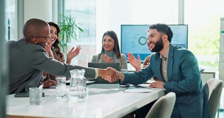 Deal, handshake and business people in meeting for diplomacy, candidate success and target audience. Politics workshop, campaign manager and collaboration with employee for research team or applause