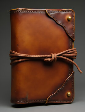A leather bound notebook secured by a tie that serves as its closure mechanism