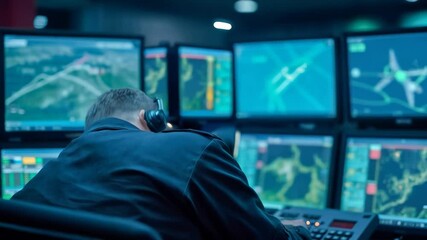 Air traffic controller monitors flight operations in busy airport control room at night
