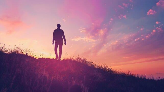 Silhouetted Figure Exploring Picturesque Landscape at Dramatic Sunset or Sunrise