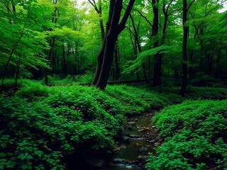 Fototapeta premium A lush green forest with tall trees, lush undergrowth, and a stream flowing through the center, woods, beauty