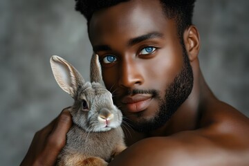 close-up portrait of black  man with blue eyes with rabbit, representing animal love, gentle touch and compassion