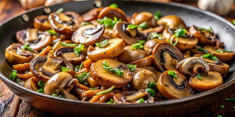 Fototapeta premium Close-Up Macro Photography of Fried Mushrooms with Onions in a Home Kitchen Setting, Selective Focus on Delicious Ingredients and Textures for Culinary Inspiration