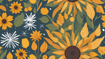 Seamless pattern featuring sunflowers, dandelions, and green leaves on a dark background. Ideal for fabric, wallpaper, and decor.