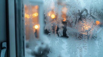 Frost patterns adorn a window as twinkling lights glow softly behind, creating a serene wintery scene filled with delicate beauty.