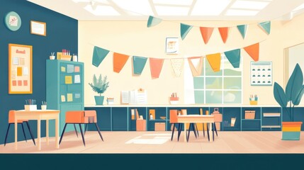 Decorated classroom interior with two tables, chairs, plants, bookshelves, a chalkboard and a window.