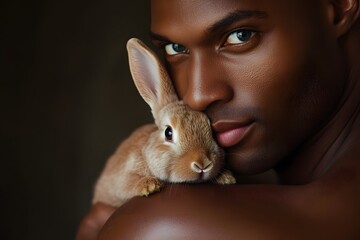 close-up portrait of black  man with blue eyes with rabbit, representing animal love, gentle touch and compassion