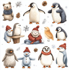 Fototapeta premium Pinguine in Winterkleidung mit verschiedenen Accessoires