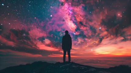 Obraz premium Silhouetted Wanderer Gazing at Dramatic Starry Night Sky over Mountainous Landscape