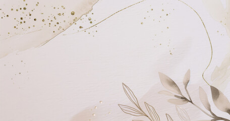 Abstract beige background with paint stains and leaves and branches
