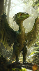 Fototapeta premium A Bystrov Winged Green Dinosaur Stands Proudly in a Lush, Ancient Forest During Daylight