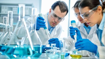Fototapeta premium Three scientists work diligently in a high-tech lab, using pipettes and protective gear amid blue and yellow solutions. Precision and teamwork are evident.
