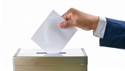 Hand placing a ballot in voting box, white isolate background