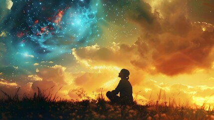 Silhouetted Figure Gazing at Enchanting Starry Sunset Landscape