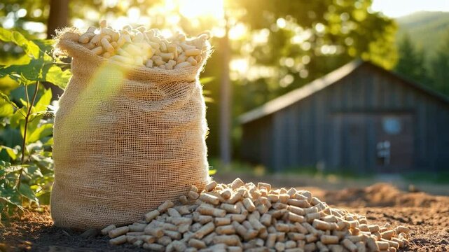 Harvested wood pellets in a burlap sack on a sunlit farm in the early evening