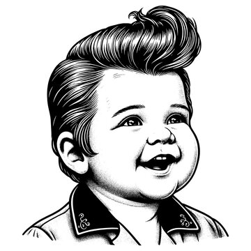 recommend clip art: smiling baby with a retro pompadour hairstyle, vintage vibe and classic charm sketch engraving generative ai fictional character PNG illustration. Scratch board imitation. Black and white image.