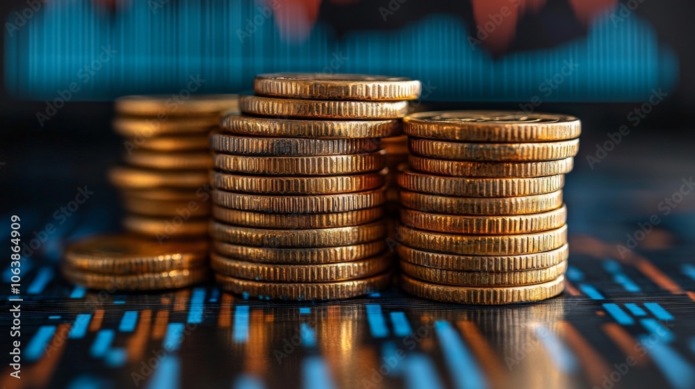 Poster several stacks of gold coins are positioned in front of a financial chart displaying market trends, 
