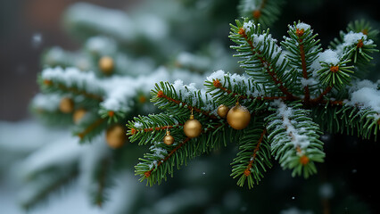 A fragrant Christmas tree branch is adorned with a garland as snow falls gently around it