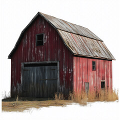 Fototapeta premium Rustic red barn surrounded by wild grass in a serene rural landscape during daytime
